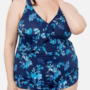 New Denim & Co. Beach Ruffle Trim V-Neck Swim Dress Navy Floral size 14